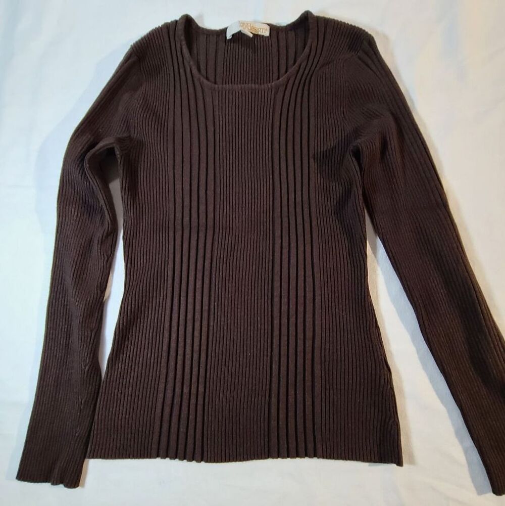 ByDesign Ribbed Sweater Women M Brown Slim Fit Stretch Knit Long Sleeve Top
